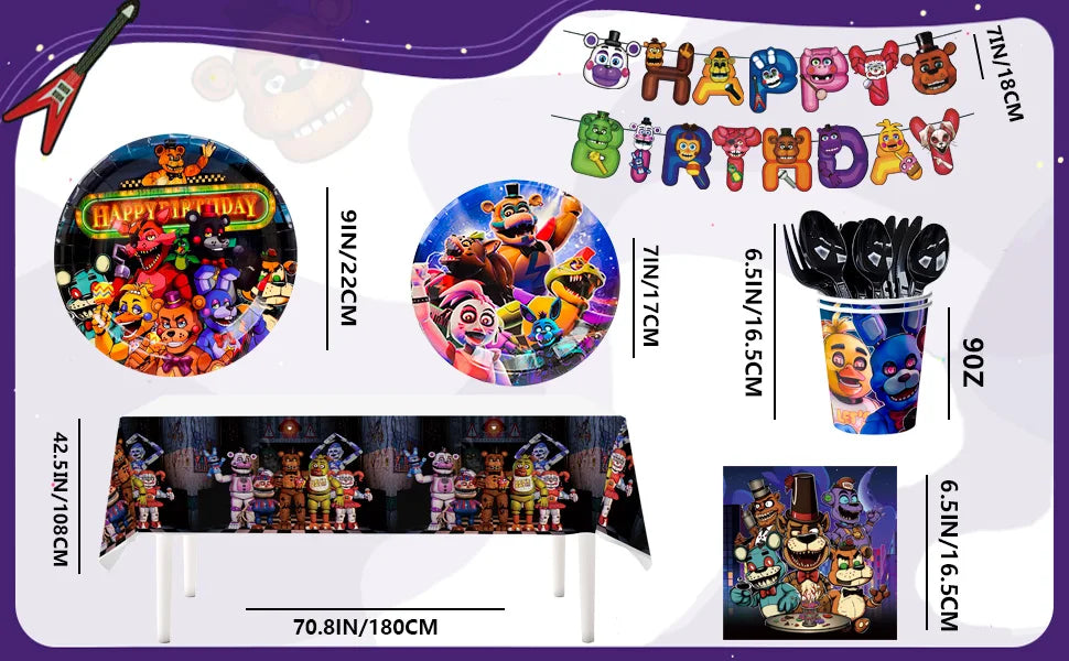 Fnaf Birthday Party Supplies,128pcs Five Nights at Freddy's Birthday Decorations&Tableware Set-Plates and Cups Tablecloth Banner