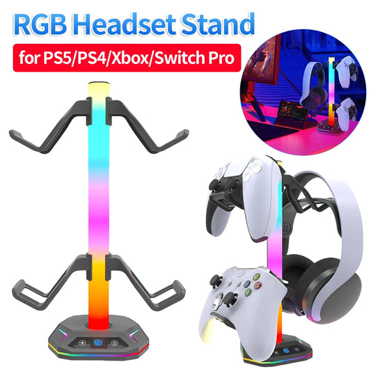 RGB Headset Stand Controller Holder for PS5/PS4/Xbox/Switch Pro 9 Light Modes with USB C/Data Ports Charging Desk Earphone Hook