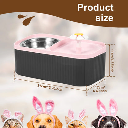 2 in 1 Cat Water Fountain and Food Bowl 3L Automatic Pet Water Fountain with Quadruple Filtration System Stainless Steel Bowl