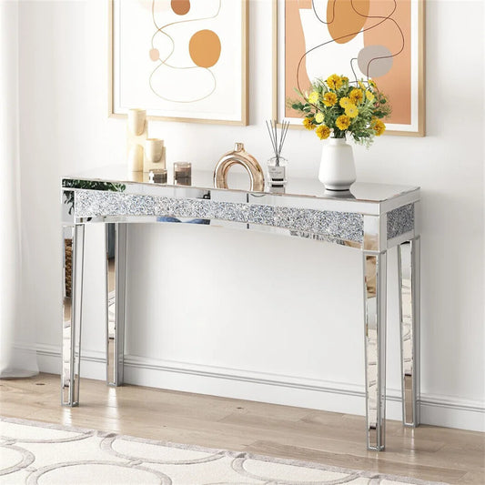 Ultra Long Mirrored Console Table, Living Room Hallway Table, Thick Tapered Legs, Furniture