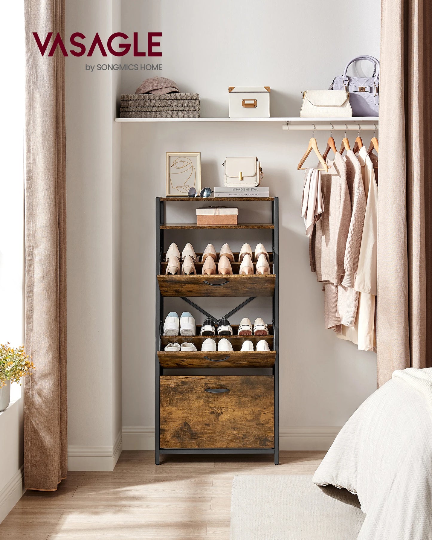 VASAGLE Shoe cabinet, high shoe storage cabinet with 3 folding doors, in the hallway for 12-18 pairs of shoes, space saving