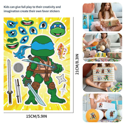 16Sheets Ninja Turtles TMNT Children DIY Puzzle Sticker Face Funny Anime Stickers Kids Assemble Stickers Toys Boys Girls Gifts