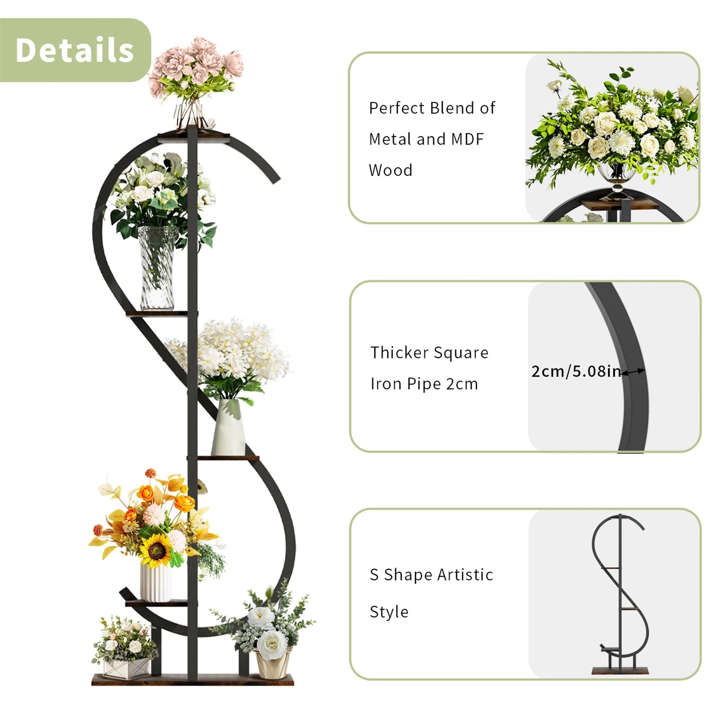 5 Tier S-shaped Plant Stand for Balcony Patio Garden Flowers Display Stand, Wood and Metal, Black