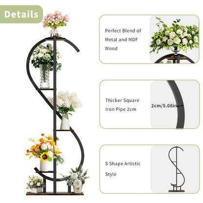 5 Tier S-shaped Plant Stand for Balcony Patio Garden Flowers Display Stand, Wood and Metal, Black