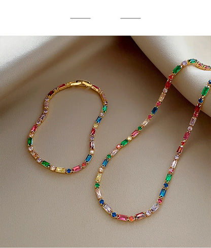 2024 Luxury Design Colorful Zircon Chain Necklace Bracelet Jewelry Sets Korean Fashion Accessories Exquisite Gift for Womens