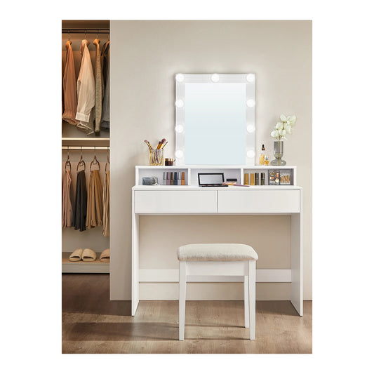 VASAGLE Dressing Table, LED Lights with Adjustable Brightness, Vanity Table with Mirror, 2 Drawers and 3 Compartments