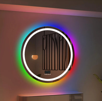 Round/Sqaure RGB LED Bathroom Mirror with Bluetooth Speaker Front-lit and Backlight Wall Dimmable Antifog  Vanity Mirror