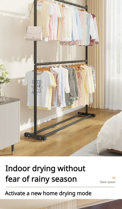 Simple Rolling Clothes Rack Double Layers Floor Standing Coat Hanger Stand Large Assembled Wardrobe Shoe Shelves Home Furniture