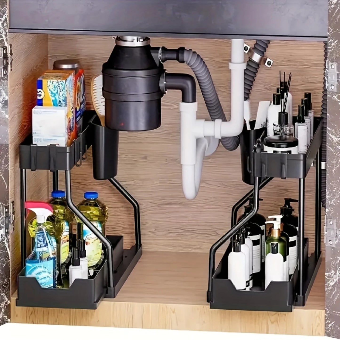 1pc 2-Tier L-Shape Sliding Spice Rack & Under Sink Organizer for Kitchen & Bathroom - Narrow Space Pull Out Cabinet Drawer Organ