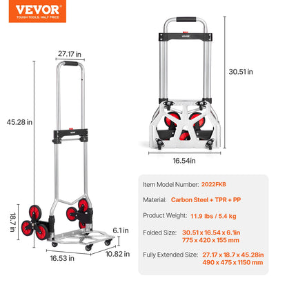 VEVOR 260lbs Folding Hand Truck with Telescoping Handle & 2 Elastic Ropes Stair Climbing Cart Dolly for Warehouse Moving