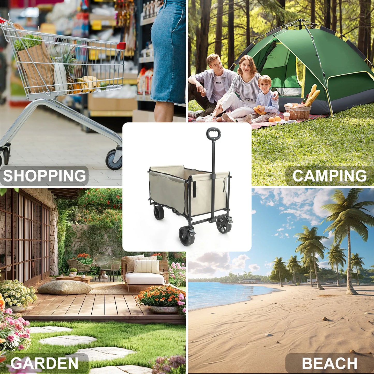 Wisfor 440 Lbs Foldable Wagon Cart , Heavy Duty Metal Garden Cart with Adjustable Handle for Camping  Shopping Beach