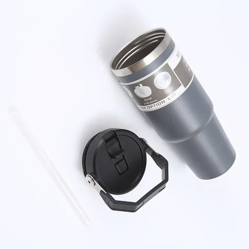 900ml Portable Car Cup Stainless Steel Thermos Cup with Straw Travel Sports Water Bottle With Handle Cover Coffee Vacuum Flask