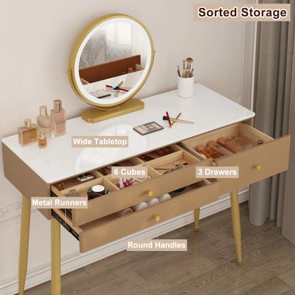 1SET Vanity Dressing Table Cosmetic Make up Table with Lighting Adjustable LED Mirror Light 3 Drawers Velvet Stool for Bedroom