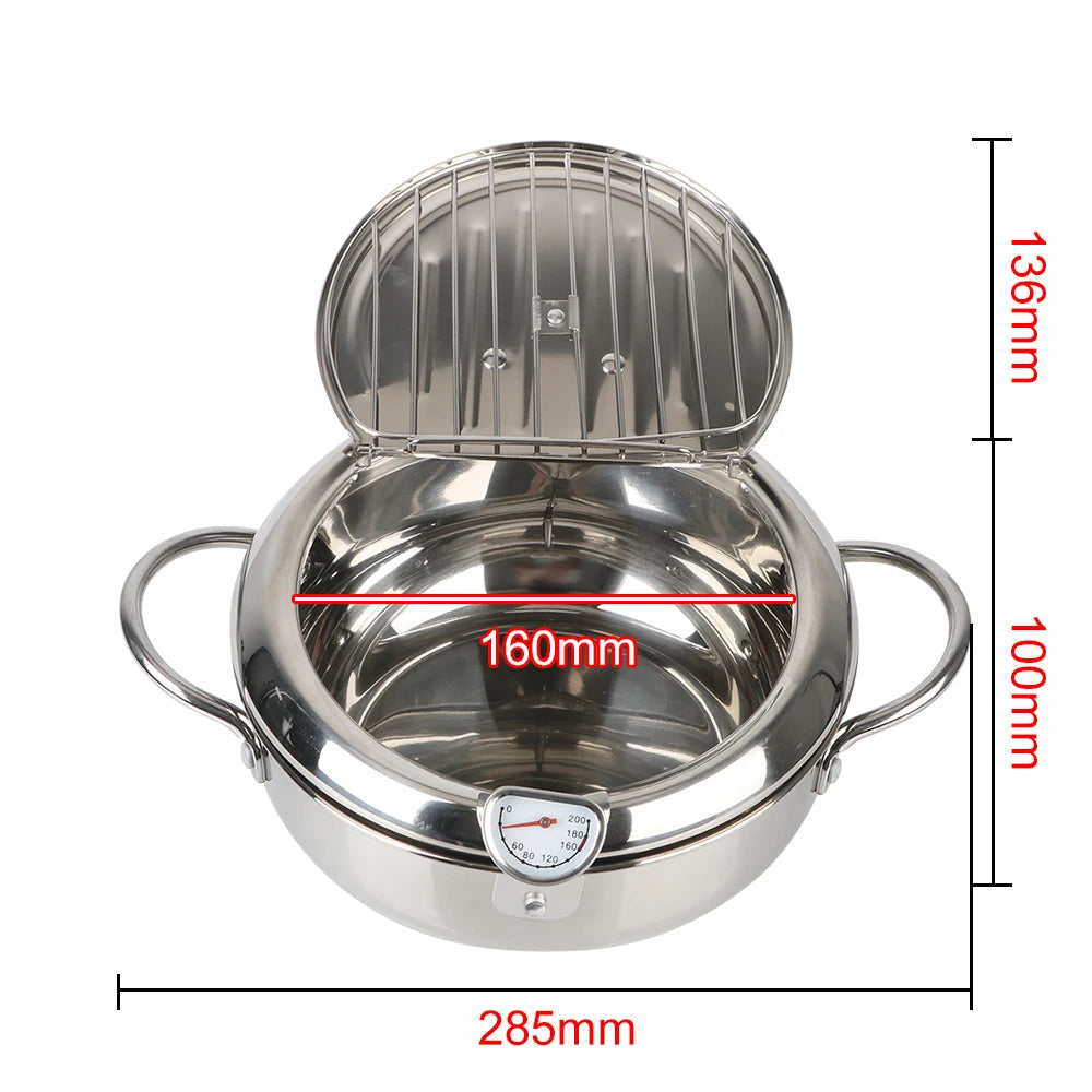 20 cm Cooking Tool 304 Stainless Steel 2 Handles 2.2L With Thermometer and Lid Tempura Fryer Pan Deep Frying Pot