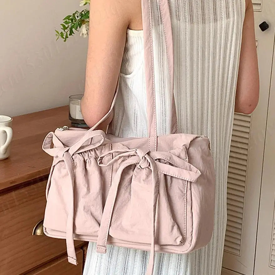 Women's Bags Bow Knot Pleated Nylon Shoulder Bag Fashion Sweet Pink Designer Lady Luxury Brand Tote Bag Spring Summer Armpit Bag