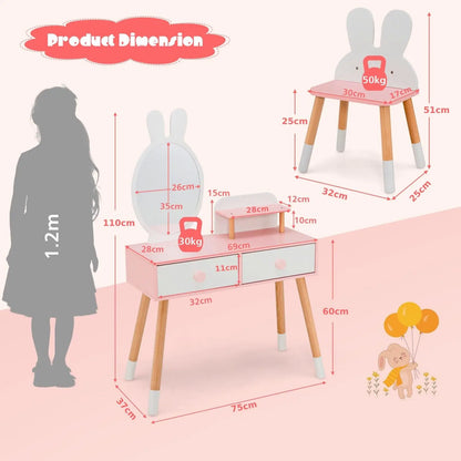 GOFLAME Vanity Set with Mirror, 2-in-1 Princess Makeup Dressing Table with Rabbit-ear-shaped Stool & Mirror