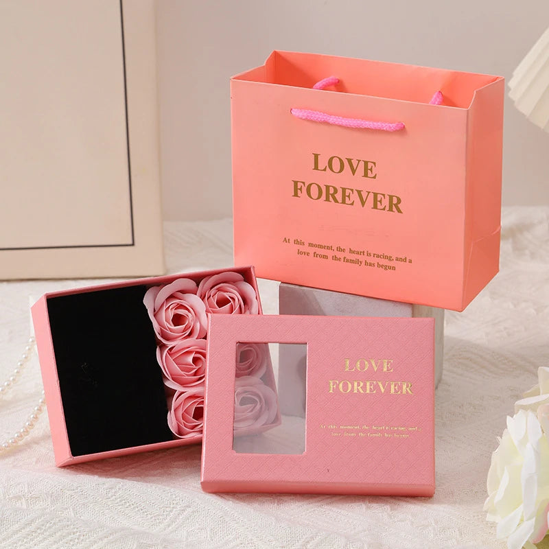 Window Opening Jewelry Box Romantic 6 Rose Pendants Ring Bracelet Valentine's Day Eternal Flower Jewelry Gift Packaging Box Bag