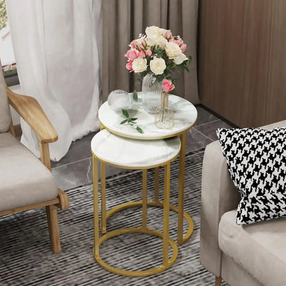 Round Side End Table 2PCS Nesting Coffee Table Real Marble Metal Frame Stackable White&Gold