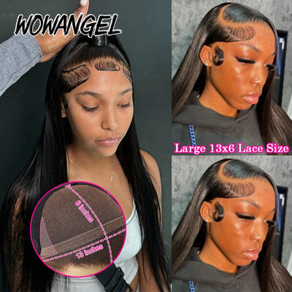 Wow Angel 250% 13x6 HD Full Lace Frontal Wigs Large Lace Size Straight 34in Remy Human Hair Wigs Pre Plucked Brazilian Hair