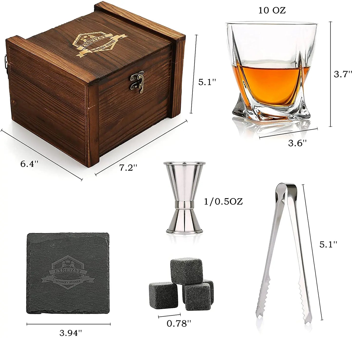 Whiskey Stones & Glasses Set, Granite Ice Cube For Whisky, Whisky Chilling Rocks In Wooden Box, Best Gift For Dad Husband Men