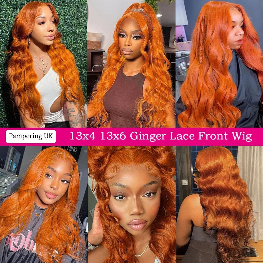 30 40Inch Orange Ginger Body Wave 13x4 HD Transparent Lace Frontal Wig Brazilian Color 13x6 Lace Front Human Hair Wigs For Women