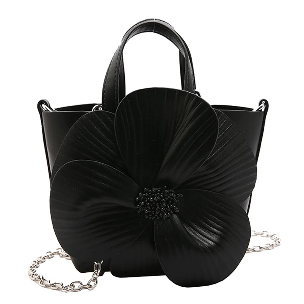 Premium PU Leather Flower Clutch Purse with Detachable Chain Elegant Bucket Bag for Weddings and Parties