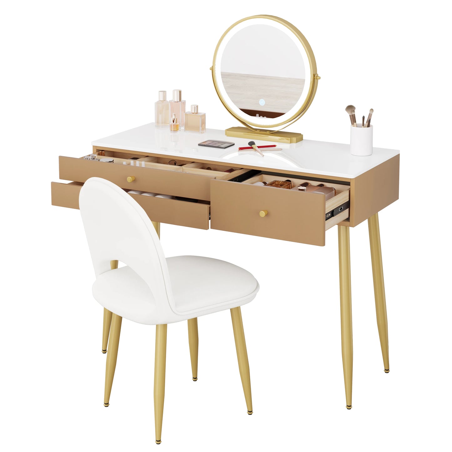 1SET Vanity Dressing Table Cosmetic Make up Table with Lighting Adjustable LED Mirror Light 3 Drawers Velvet Stool for Bedroom