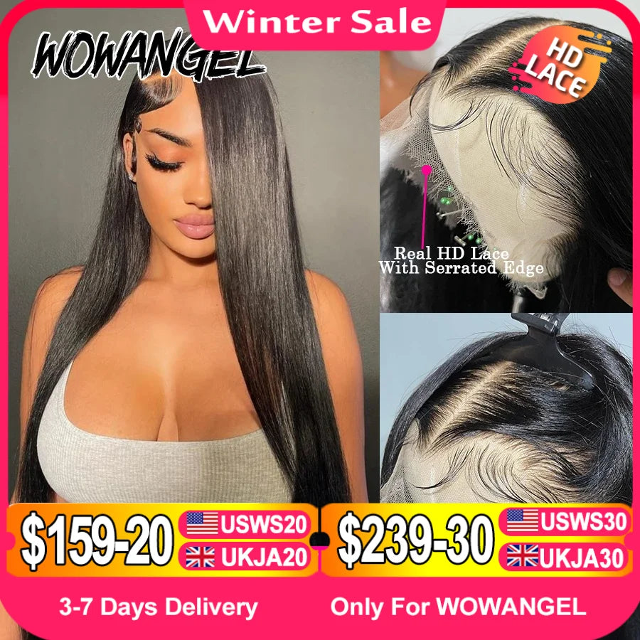 Wow Angel 250% 13x6 HD Full Lace Frontal Wigs Large Lace Size Straight 34in Remy Human Hair Wigs Pre Plucked Brazilian Hair