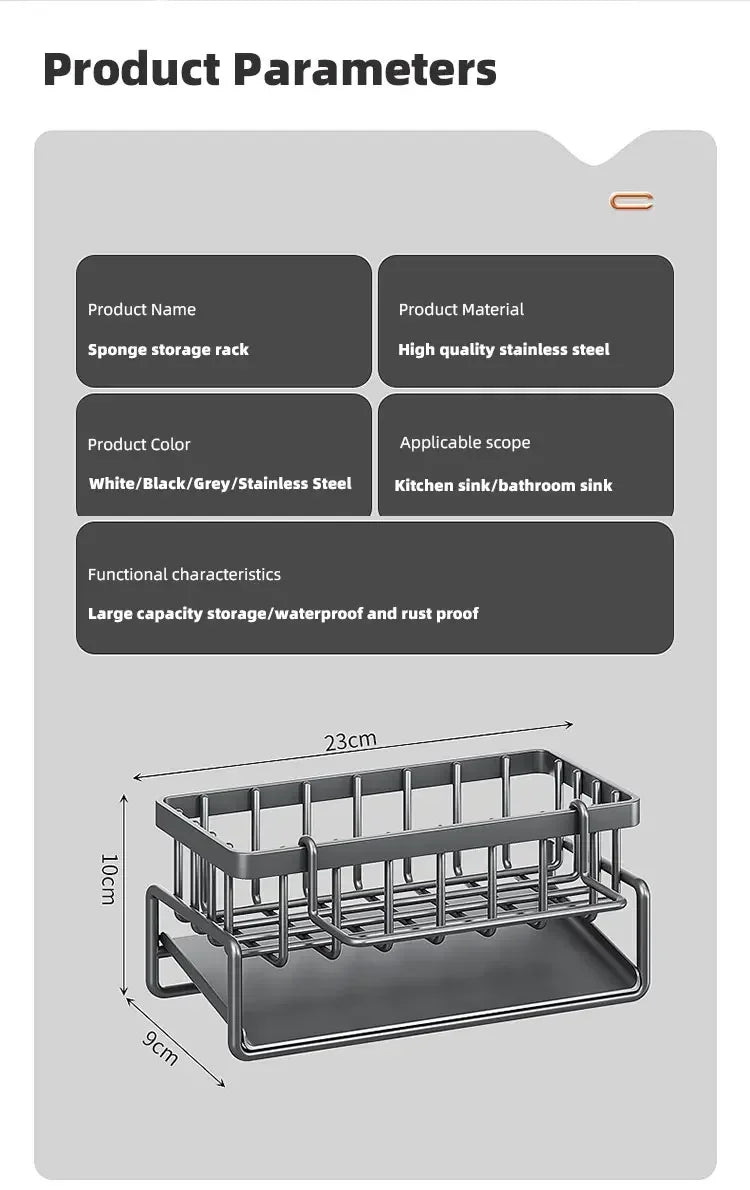 2024 Self-Draining Sink Shelf Stainless Steel Kitchen Sink Drain Rack Sponge Storage Faucet Holder with Rod Kitchen Sink Organiz