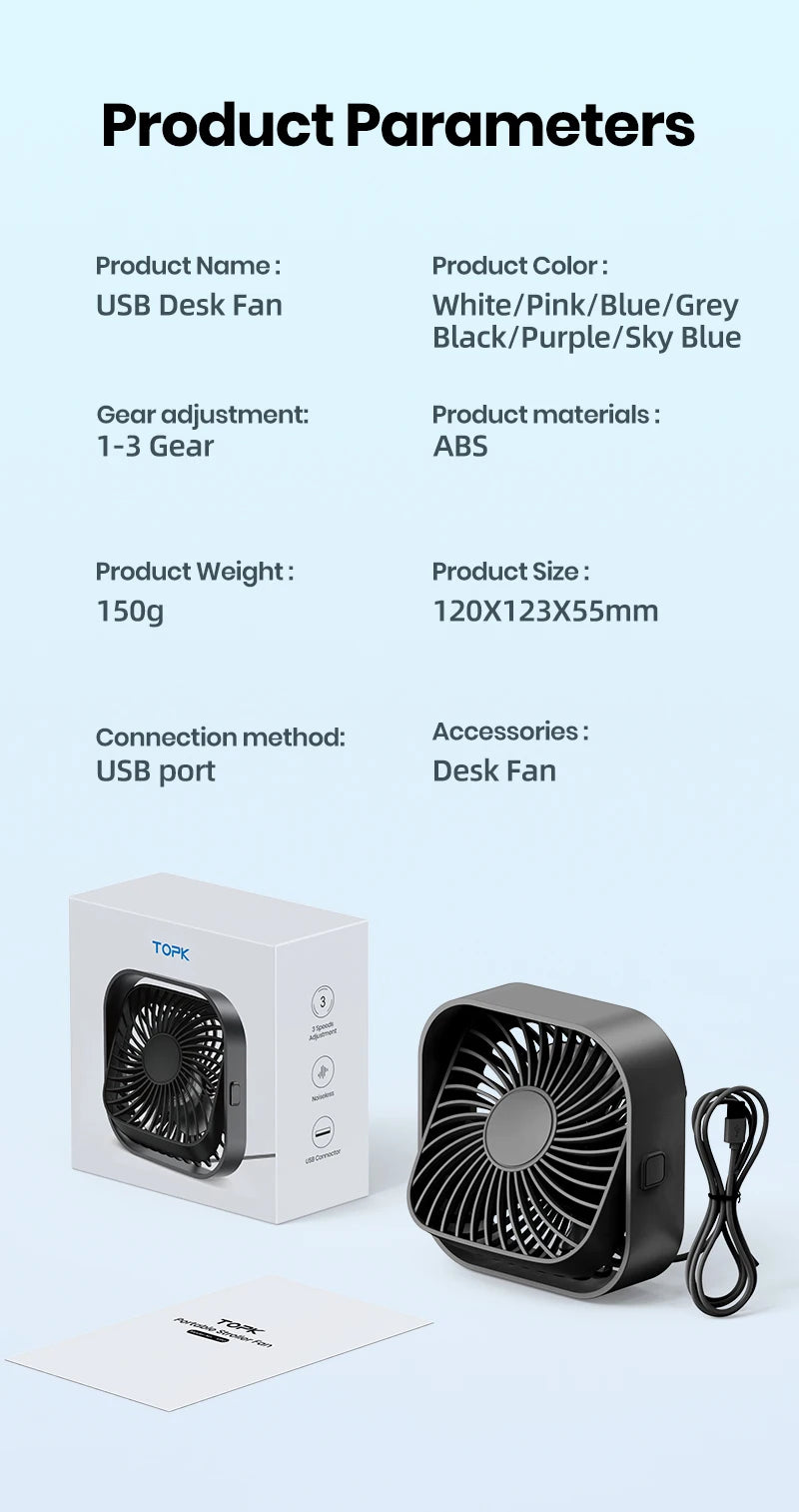 TOPK USB Desk Fan,[2Pack]Strong Airflow&Quiet Operation Mini Personal Fan,3 Speed Wind Small Fan,360°Rotatable Table Cooling Fan