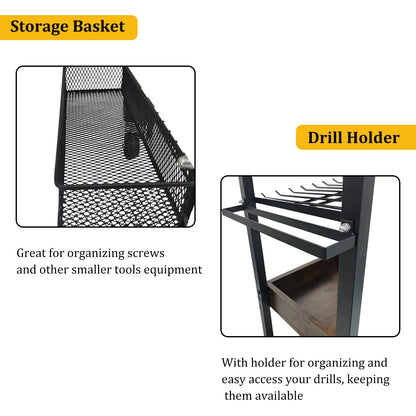 Rolling Power Tool Organizer Cart, Storage Cart on Wheels , with Drill Rack, Open Tool Organizer, Heavy Duty, 4 Tier