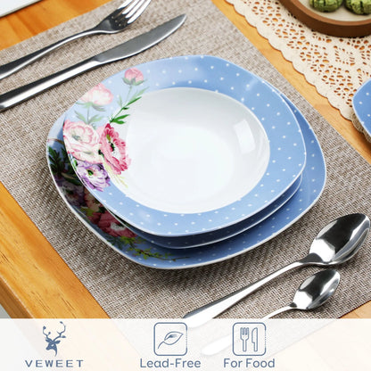 VEWEET Blue Flower 30/60 Piece Porcelain Ceramic Kitchen Tableware Set with Dinner,Dessert,Soup Plate,Cup and Saucer For 6/12