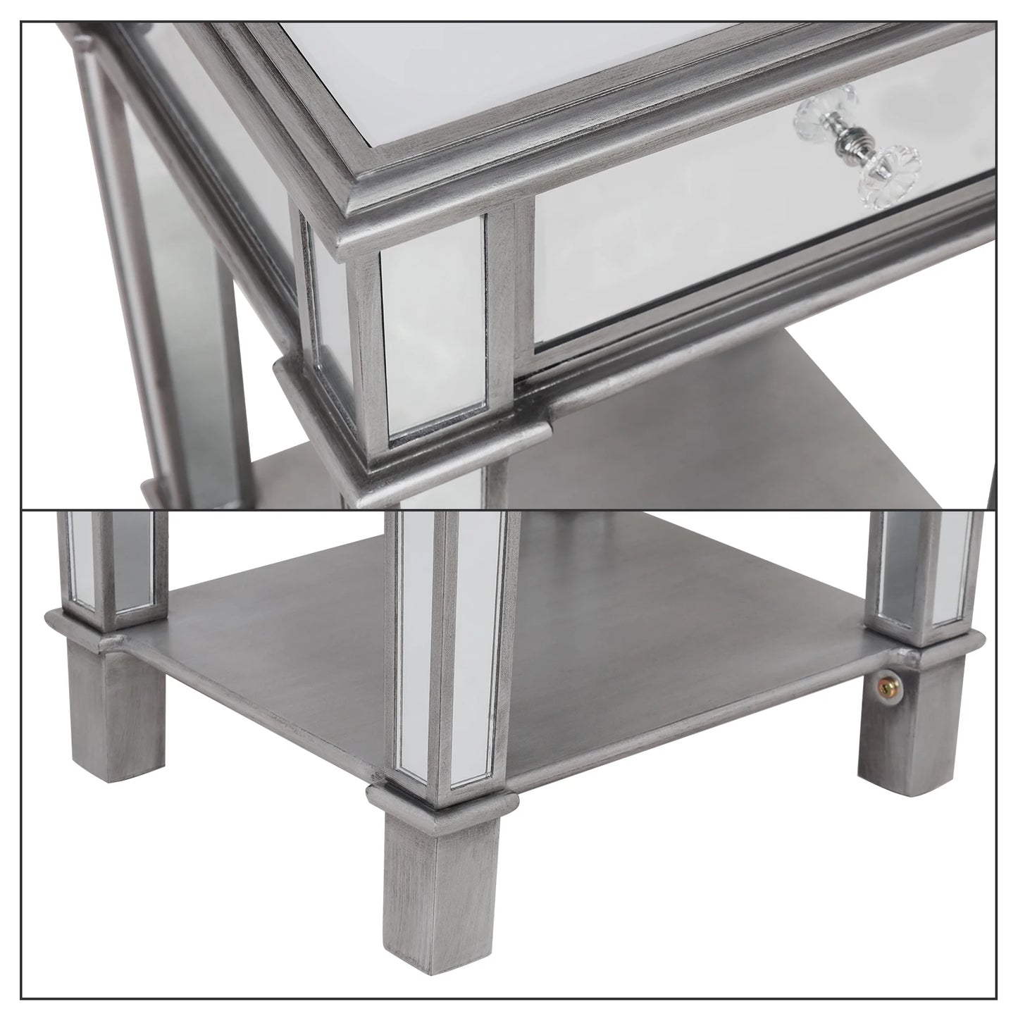 Silver Mirrored End Table for Living Room Bedroom, 2 Tier, Sofa Side, Bedside Cabinet, Nightstand Desk with Drawer