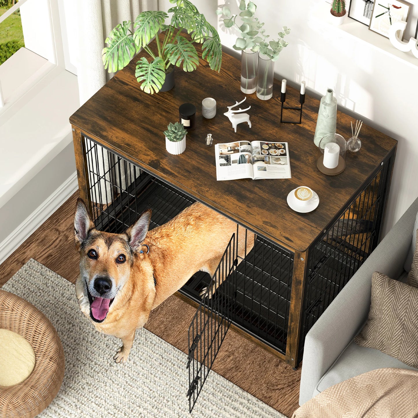 Pet Cage Kennels with 2 Doors and Removable Tray, Dog Crate, End Table Furniture, Wood Metal, Combine Pet Cage, S, M, L, 3 Sizes