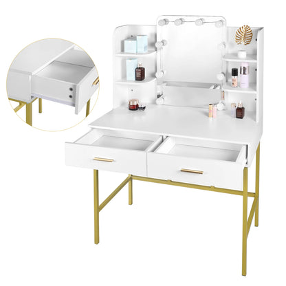 White Gold Vanity Desk with Mirror LED Lighting 2 Drawers Modern Dresser Dressing Table Makeup Table for Bedroom Household Home