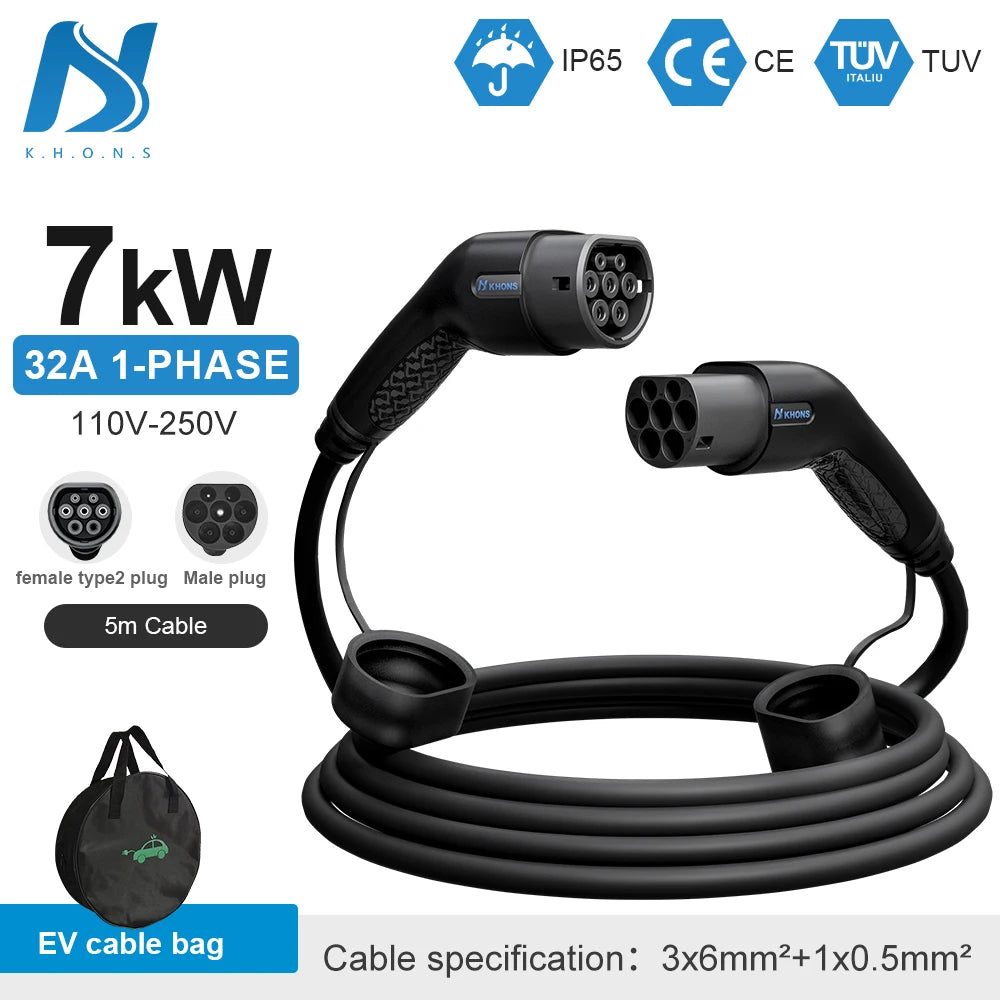 Khons Type2 To Type2 Ev Charging Cable  3Phase 32A Female To Male Plug 5M Cable 22kw IEC62196-2  EVES Charging Stations