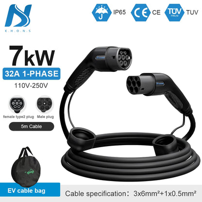 Khons Type2 To Type2 Ev Charging Cable  3Phase 32A Female To Male Plug 5M Cable 22kw IEC62196-2  EVES Charging Stations