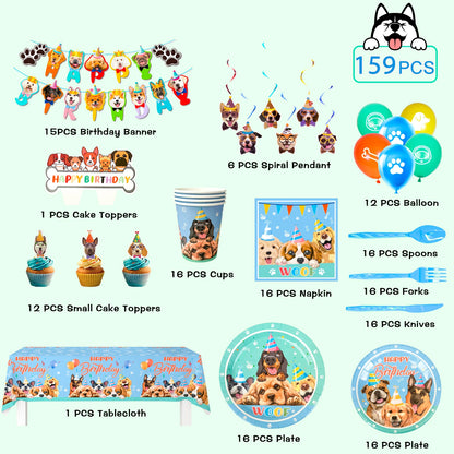 Puppy Birthday Party Supplies for Kids,159pcs Birthday Party Supplies&Tableware Set Dog Party Plates Cups Napkins Banner Balloon