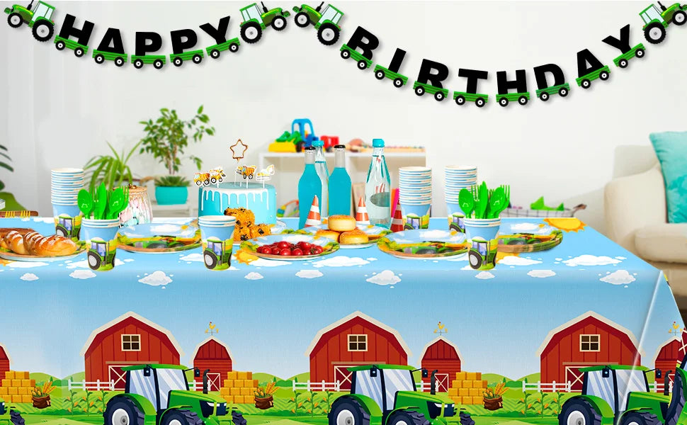 Tractor Birthday Party Supplies,130 pcs Decorations Tableware Pack-Tractor Plates and Napkins Cups Tablecloth&Banner etc