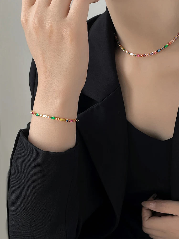 2024 Luxury Design Colorful Zircon Chain Necklace Bracelet Jewelry Sets Korean Fashion Accessories Exquisite Gift for Womens