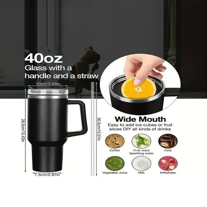 New large capacity 40oz stainless steel water bottle, car coffee cup, handle cup, vacuum insulated bottle with straw