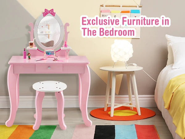 GOFLAME 2-in-1 Kids Vanity Table Set, Princess Pretend Play Makeup Table w/ Stool