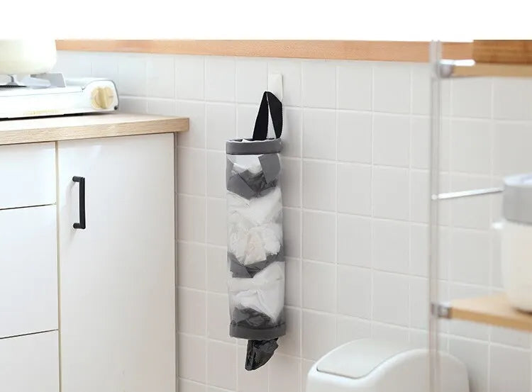 1pc Grey Sundries Bag Storage Wall Mount Mesh Plastic Bags Dispenser Hanging Reused Storage Pouch Trash Bags Kitchen Garbage Org