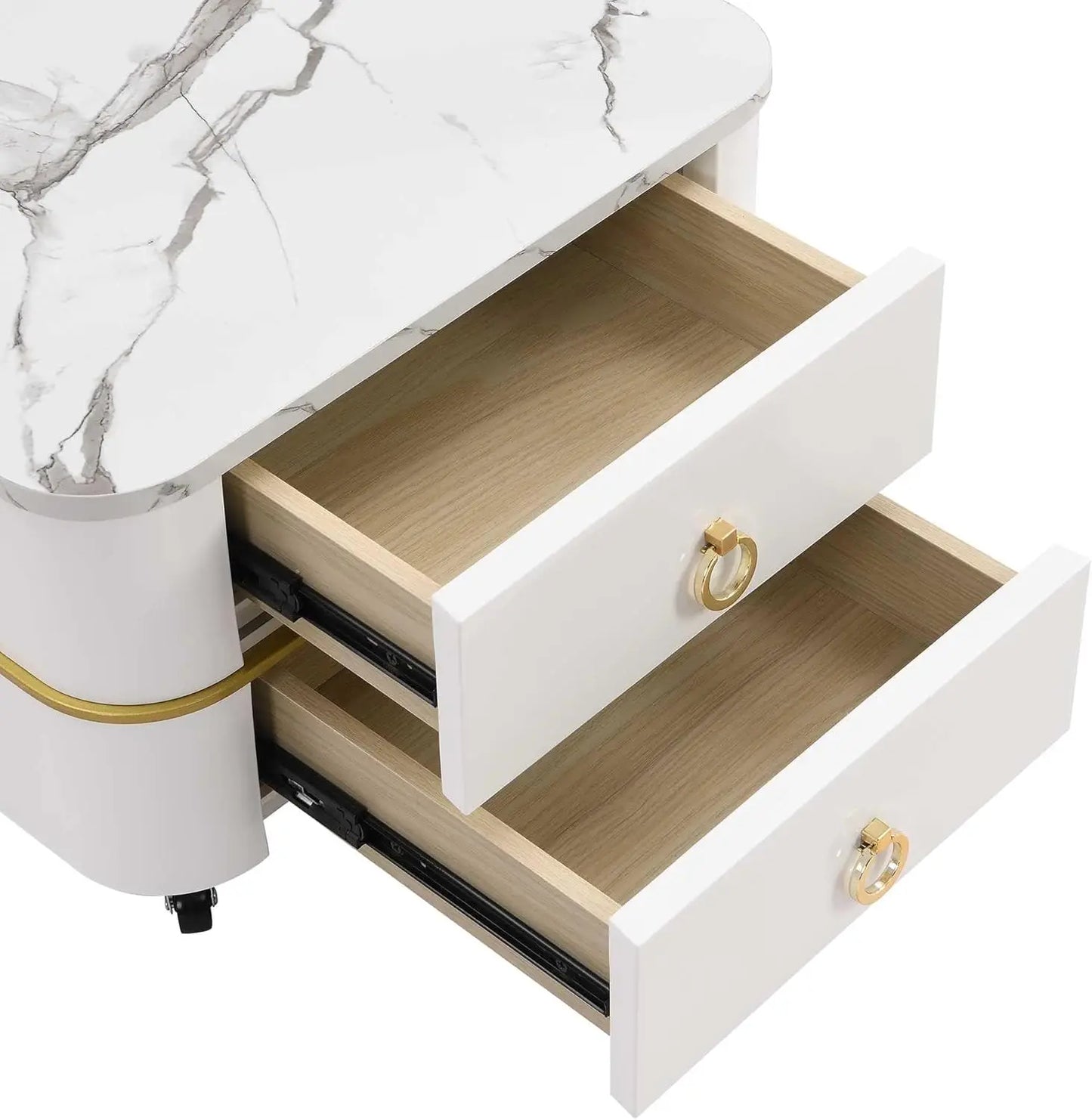 Nestable Coffee Table High-gloss Marble Exterior and Glass Tabletop Gold Decoration Side Table with Drawer Set of Two (White)