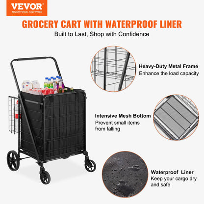 VEVOR Folding Shopping Cart with Removable Waterproof Liner 330LBS Capacity Jumbo Grocery Cart Heavy Duty Utility for Shopping