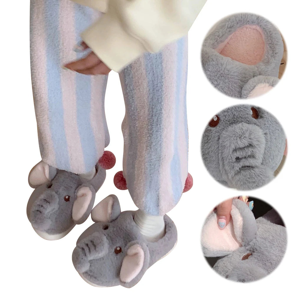 Plush Elephant Slippers Slip-on House Shoes Cute Thermal Home Slippers Comfortable Fluffy Couple Slippers Non-Slip for Men Women