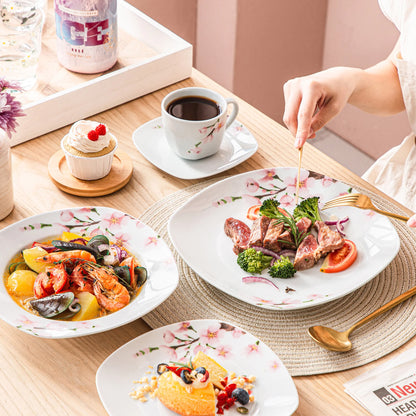 VEWEET 30/60-Piece White Ceramic Pink Floral Porcelain Plate Set with 5PCSDinner Soup Dessert Plate ,Cups Saucers for 12 Person