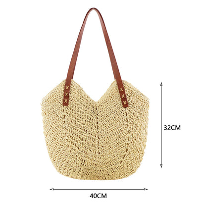 Women Straw Woven Shoulder Bag Solid Color Shoulder Summer Woven Pouch for Women Handmade Traveling Handbags Underarm Bags