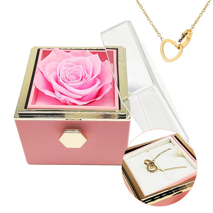 Rotating Jewelry Box with Necklace, Forever Flower Red Preserved Rose Box Mother's Day Birthday for Mom Wife Girlfriend