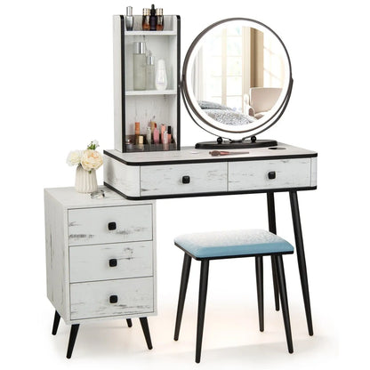 GOFLAME Vanity Set with 3-Color Lighted Mirror, Makeup Table w/ Cushioned Stool, 3-Drawer Chest